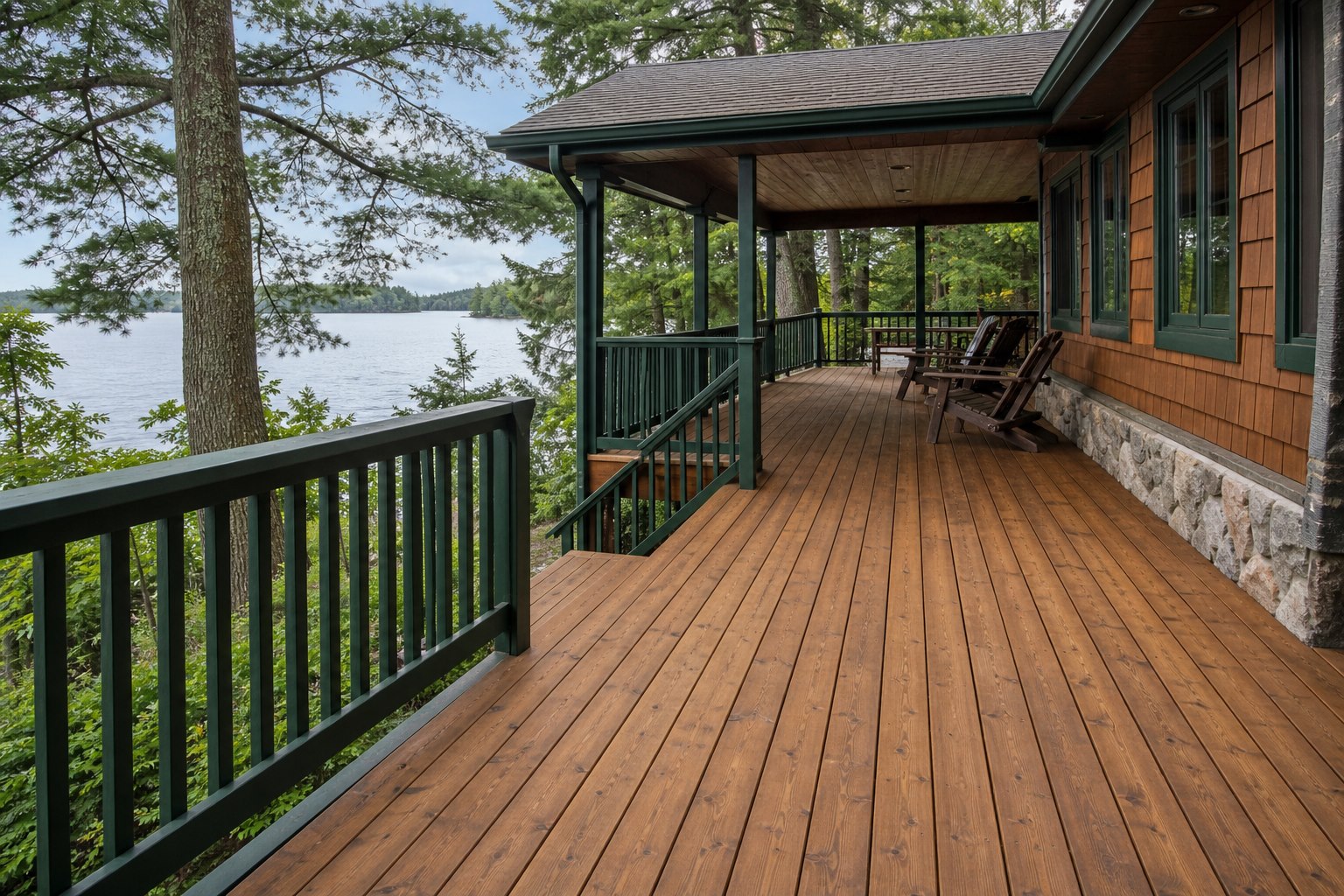 Dek kayu cottage yang telah diberi stain dengan railing hijau