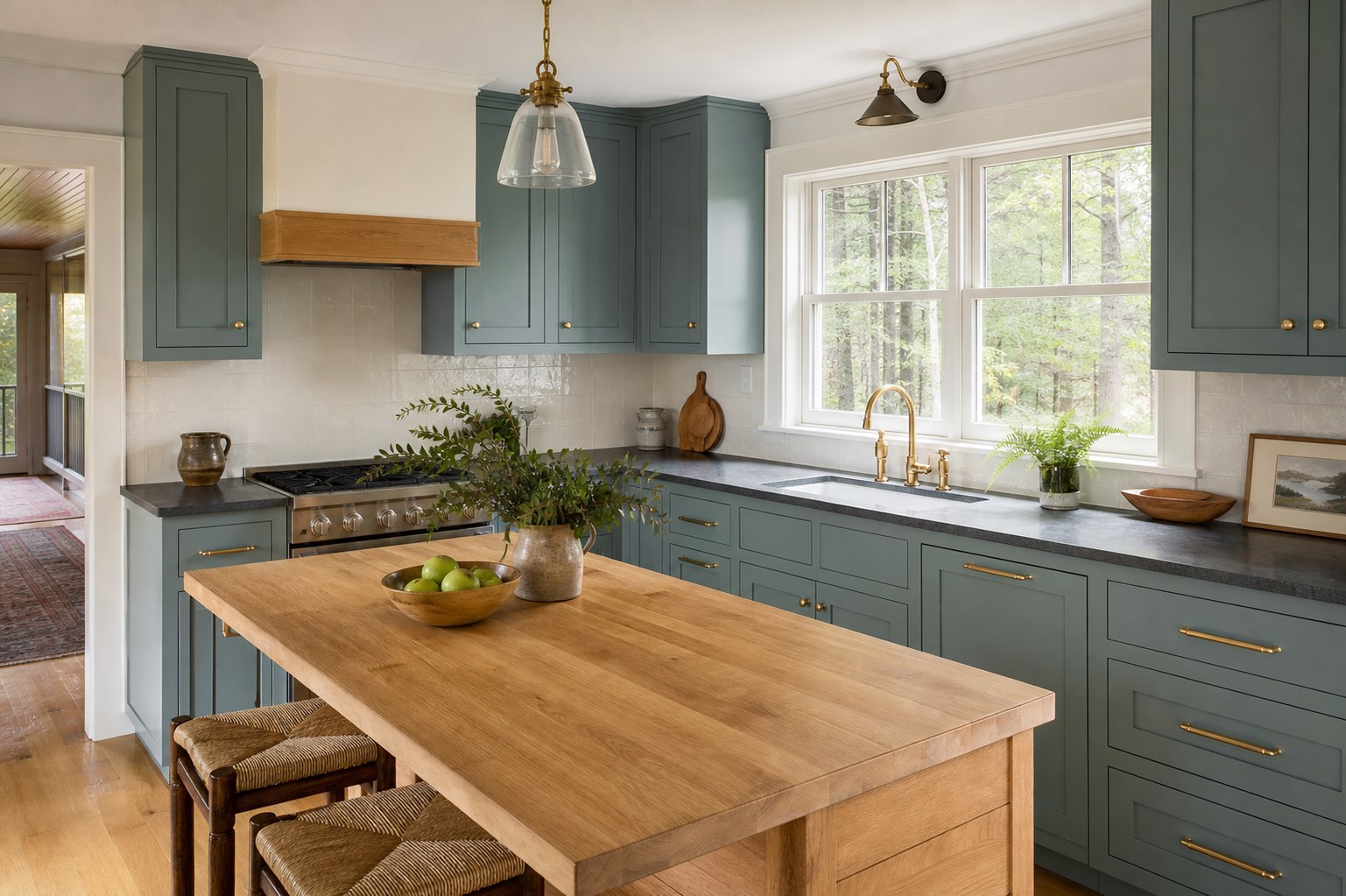 Kabinet dapur cottage dengan finishing biru hijau